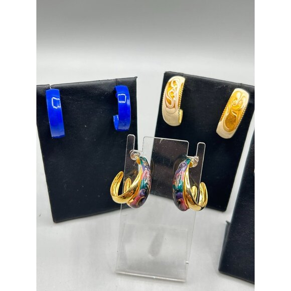 Vintage Enamel Hoops Earrings Half Open Hoops 70s Costume Jewelry Set of 4 Pairs - Picture 4 of 8